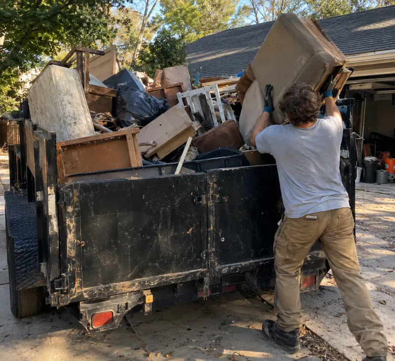 A crew member lifting an old chair onto a dump trailer already loaded with a mattress, bags and broken furniture